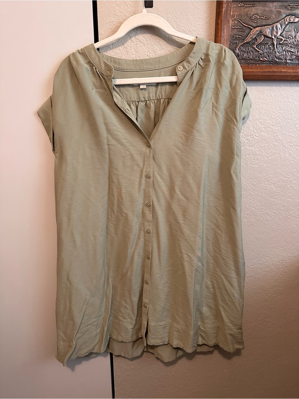 LOFT Light Sage Button-Front Short Sleeve Dress
